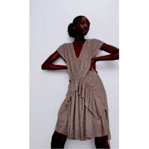 Zara Dress Womens Small Tan Cap Sleeve Tiered Ruffle Tie Lined Rouched Lagenlook